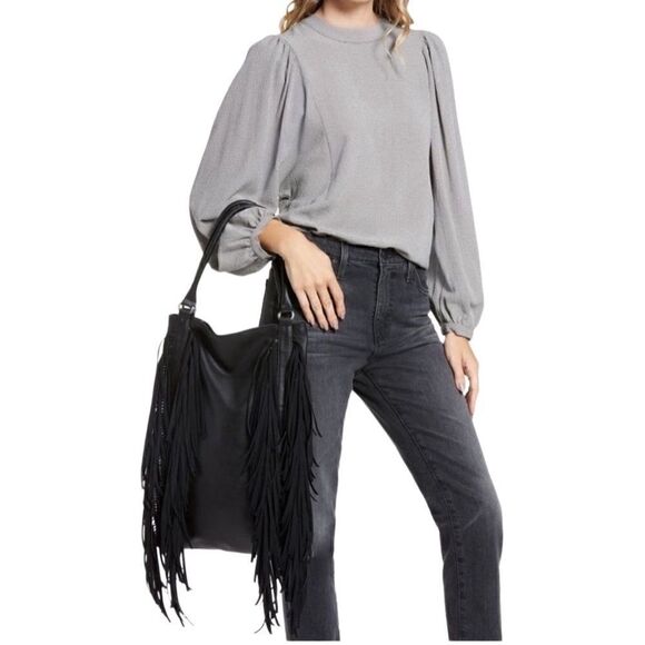 New Area Stars Black Fringe Hobo Shoulder Bag Faux Leather Spacious New w/ Tags - Picture 2 of 14